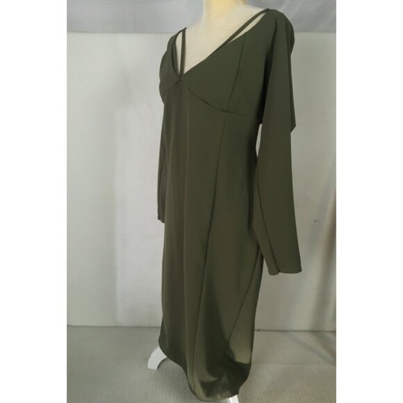 PrettyLittleThing Dress Women Size 24 Olive Green V neck Long Sleeves New w Tags - Picture 3 of 14